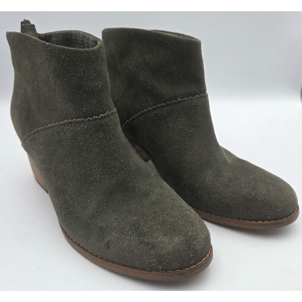 TOMS Women’s Olive Green Suede Ankle Booties Size 7 Block Heel Back Zip